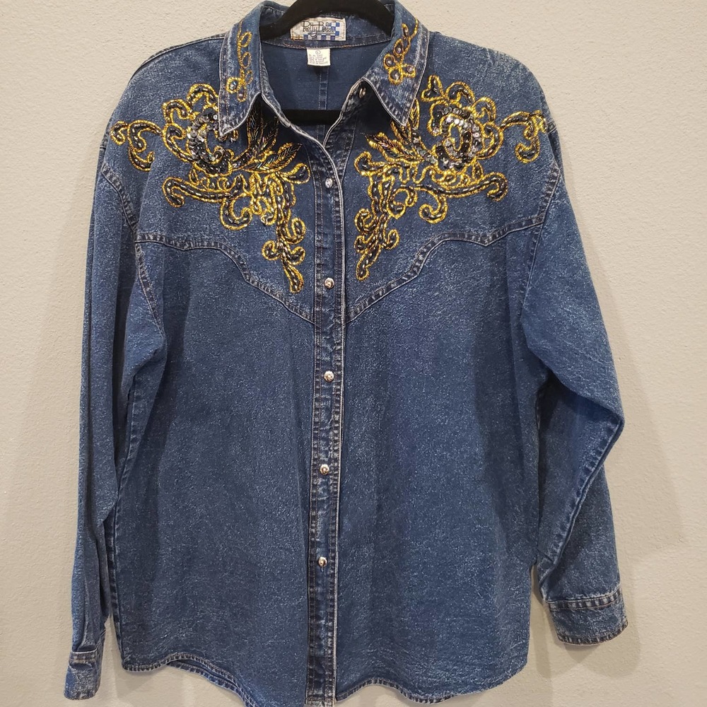 Pretty Bleu Cotton Large jean button down long sleeve